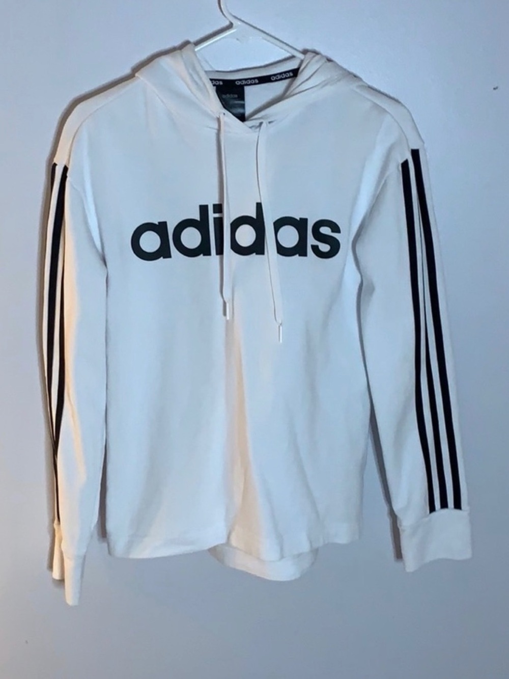adidas White Crewneck Hoodie with Black Logo and Stripes